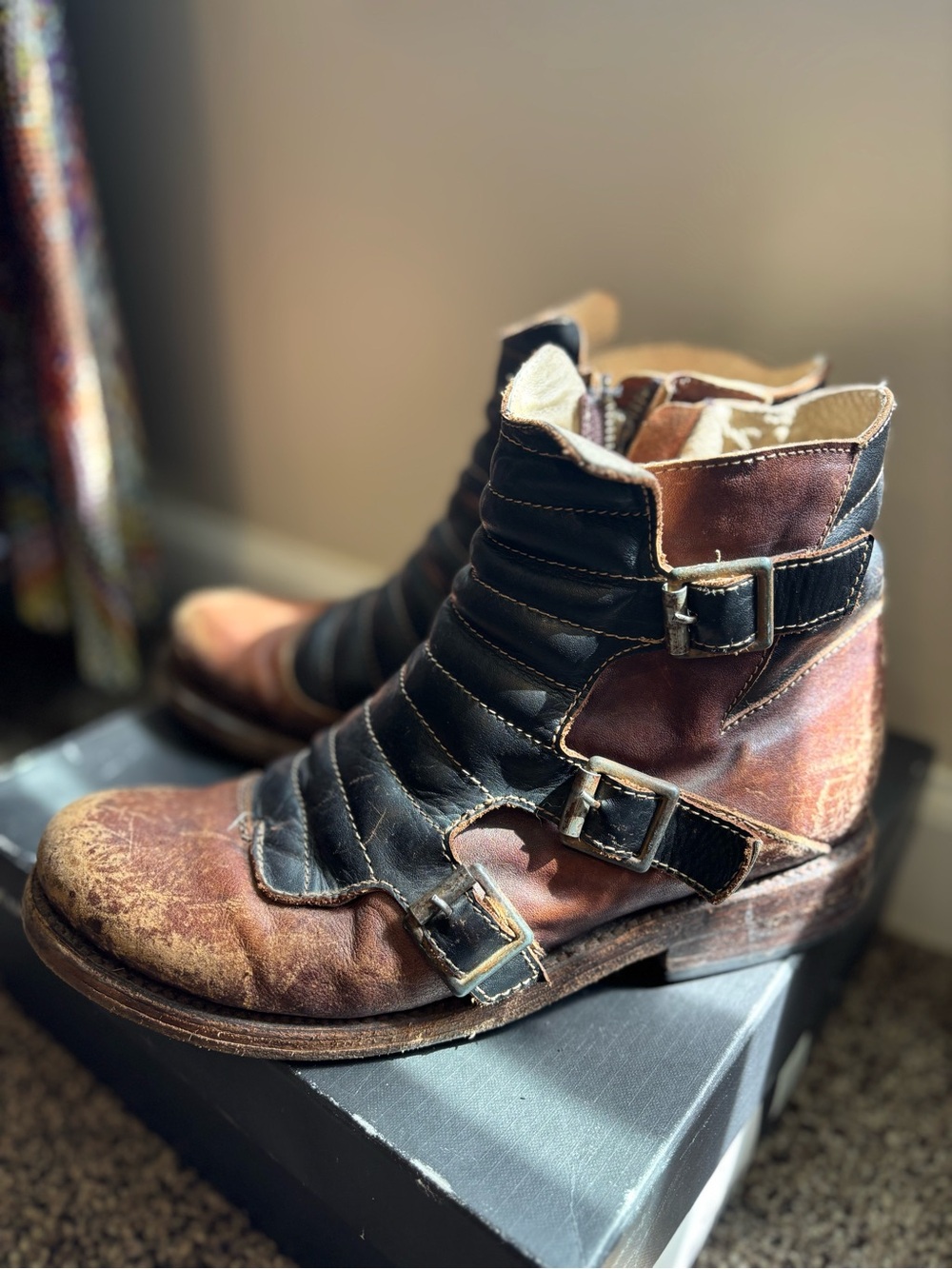 Freebird Distressed Two-Tone Leather Buckle Ankle Boots